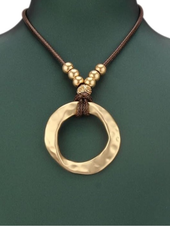 Anthropologie Jewelry - Anthropologie Gold Hammered Ring Pendant Necklace on Brown Cord